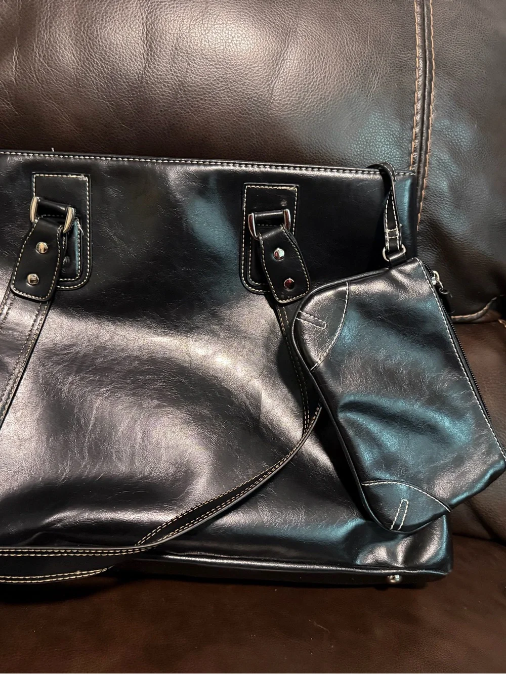 Brand New Franklin Covey Black Leather Laptop Tote with Contrast Stitching